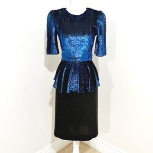 Vintage Diamond’s Run Black & Blue Metallic Lame Peplum Dress